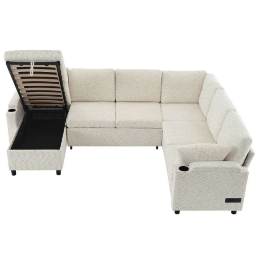 Alt View 7. LUCKY ONE - 109.9" U-Shaped Convertible Sectional Sofa Bed w/ Storage Cup Holders USB Ports - Beige.
