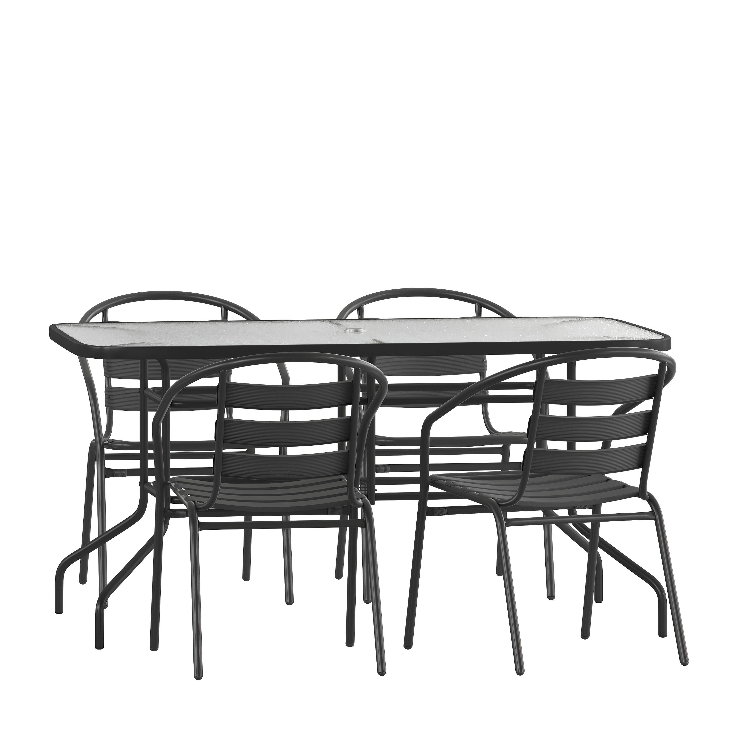 Front. Emma + Oliver - Patio Table & Chairs Set with Rectangular Metal Table with Tempered Glass Top and Stacking Chairs - Black.