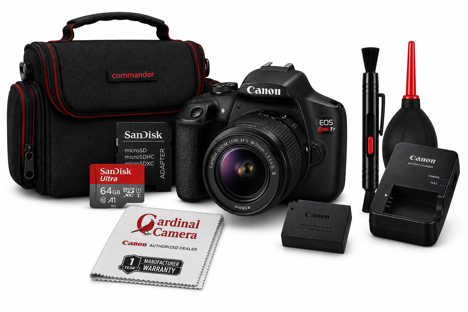 Canon EOS Rebel T7 Camera Kit

- Canon EOS Rebel T7 Camera
- EF-S 18-55mm f/3.5-5.6 IS STM Lens
- Canon LP-E10 Battery
- Canon Battery Charger
- SanDisk Ultra 64GB microSDXC UHS-I Card
- Canon microSD Adapter
- Canon Authorized Dealer 1 Year Manufacturer Warranty
- Canon Camera Cleaning Kit
- Commander Camera Bag