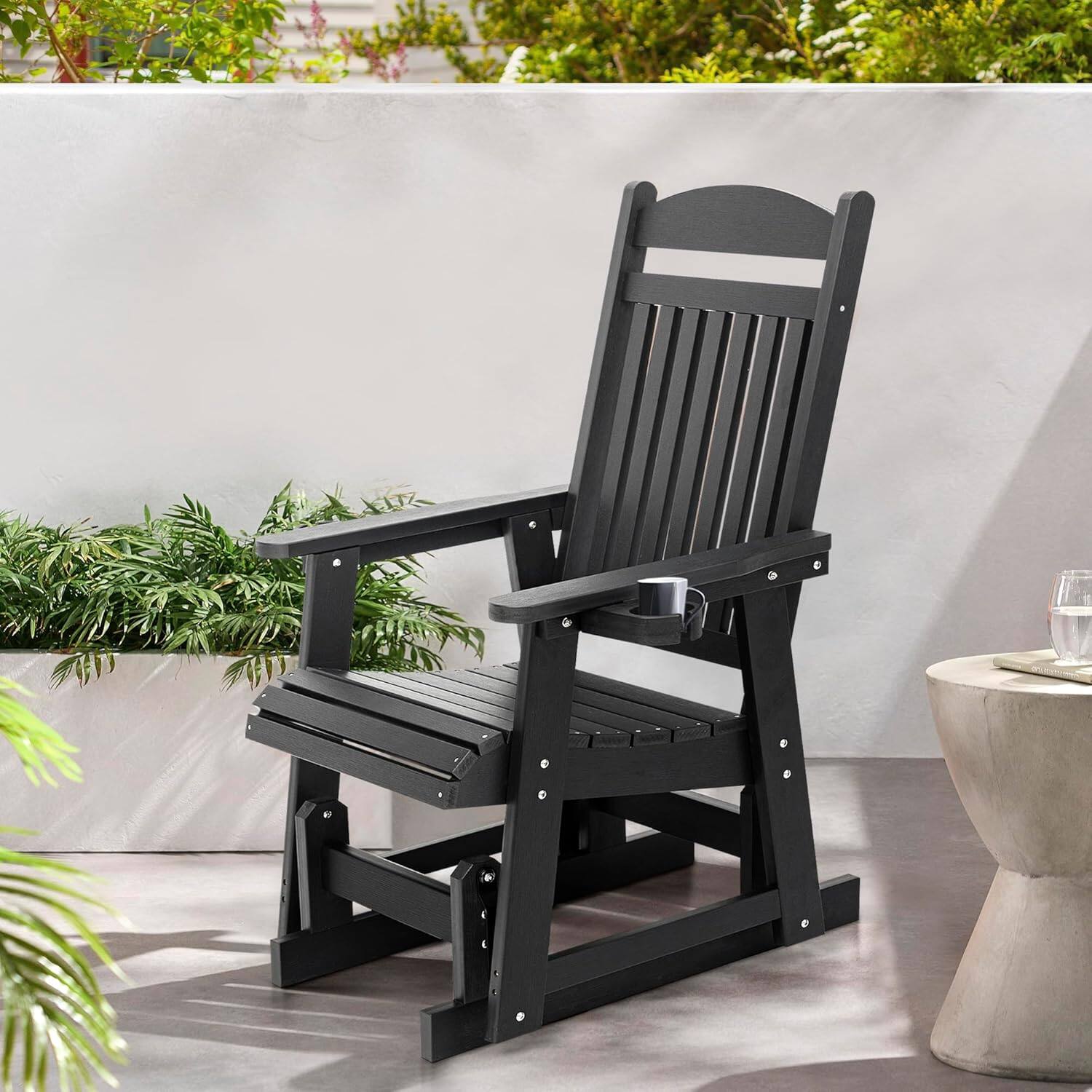 Angle. Fortune Candy - HIPS Outdoor Patio Glider with Cup Holders, Heavy Duty 700 LBS Capacity for Porch Yard Garden - Carbon Black.