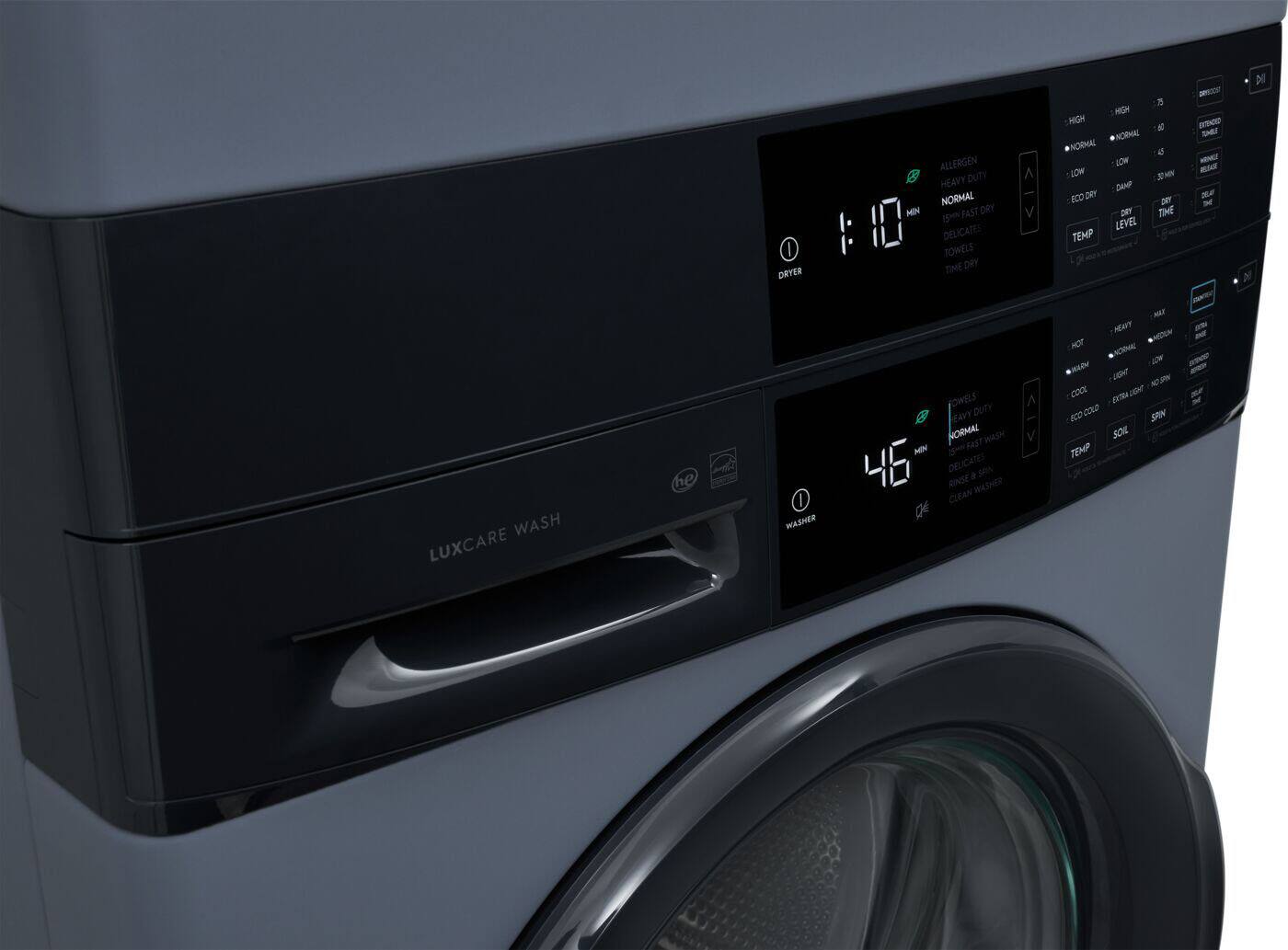 Sure, here is the corrected and grouped text from the image:

**Washer:**
- LUXCARE WASH
- HEAVY DUTY
- NORMAL
- DELICATES
- 45 MIN
- TEMP: COLD
- SOIL: EXTRA LIGHT
- SPIN: MAX
- 46 MIN

**Dryer:**
- ALLERGEN
- HEAVY DUTY
- NORMAL
- FAST DRY
- DELICATES
- TOWELS
- TIME DRY
- 11 MIN
- TEMP: LOW
- DRY LEVEL: DRY
- DRY TIME: 75 MIN

**Additional Options:**
- ECO DRY
- ECO COLD
- CLEAN WASHER
- RINSE + SPIN
- RINSE
- DRYER
- WASHER