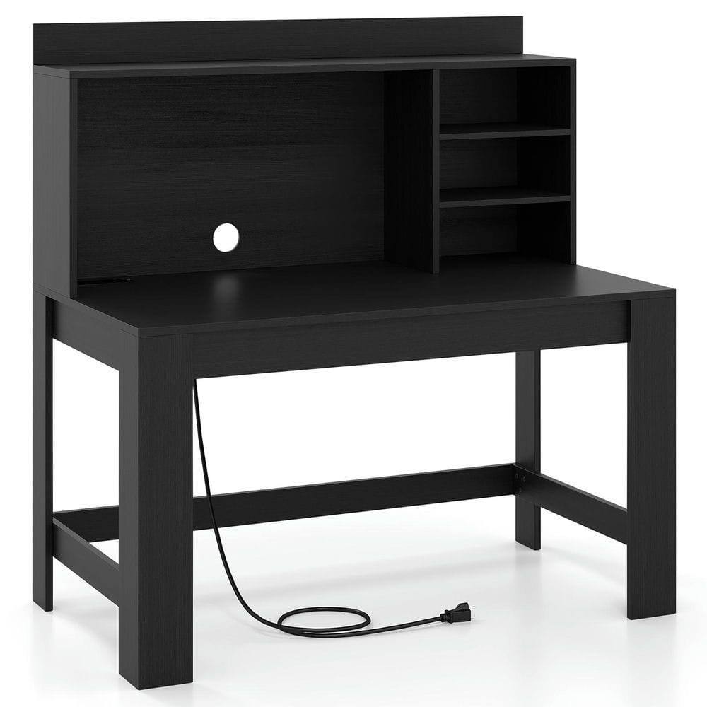 Back. Kadyn - Modern Computer Desk - Hutch & Storage Shelves, Black - Black.