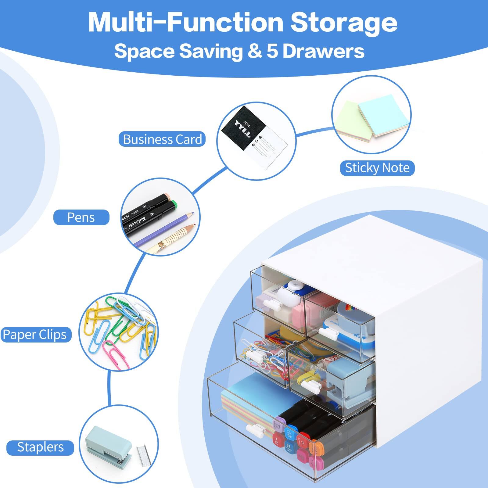 Multi-Function Storage  
Space Saving & 5 Drawers  

- Business Card  
- Sticky Note  
- Pens  
- Paper Clips  
- Staplers