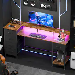 Furnulem - 55 Inches Computer Desk with Monitor Stand Charging Station LED Lights Gaming Desk with Drawers for Home Office - Brown