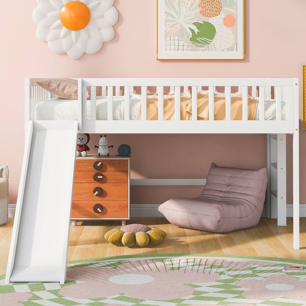 Angle. Loheer - Loheer Full Size Low Loft Bed with Slide and Ladder White - White.