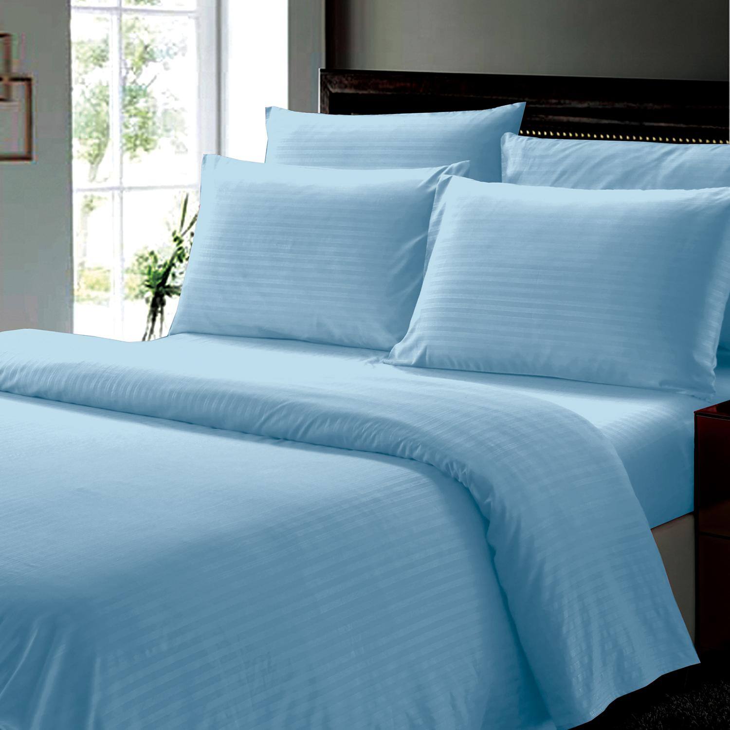 Alt View 1. Plazatex - Plazatex Dobby Stripe Luxurious Ultra Soft Moisture Wicking Solid Color 4 Pieces Sheet Set Twin Blue - Blue.