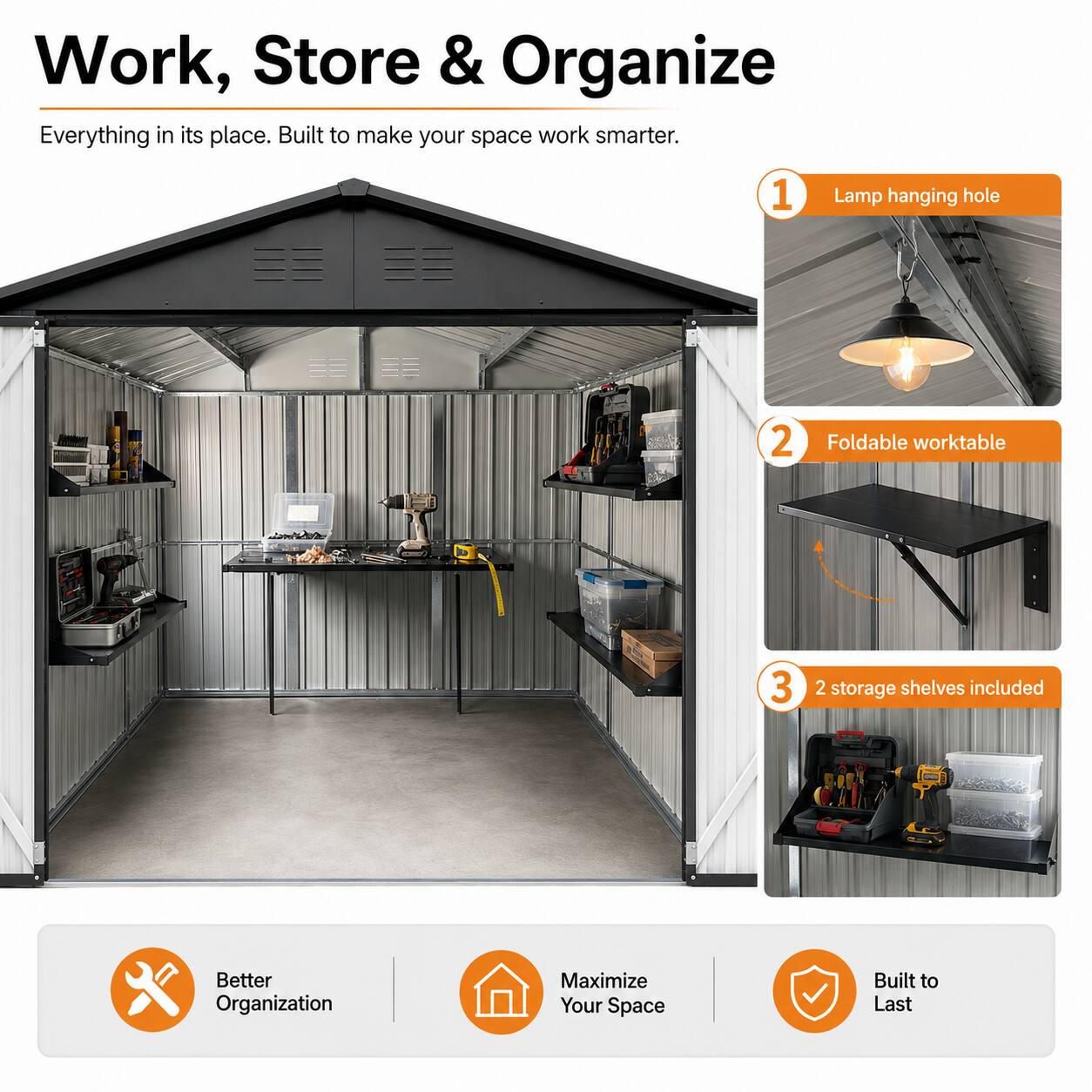 Work, Store & Organize  
Everything in its place. Built to make your space work smarter.  

1. Lamp hanging hole  
2. Foldable worktable  
3. 2 storage shelves included  

Better Organization  
Maximize Your Space  
Built to Last