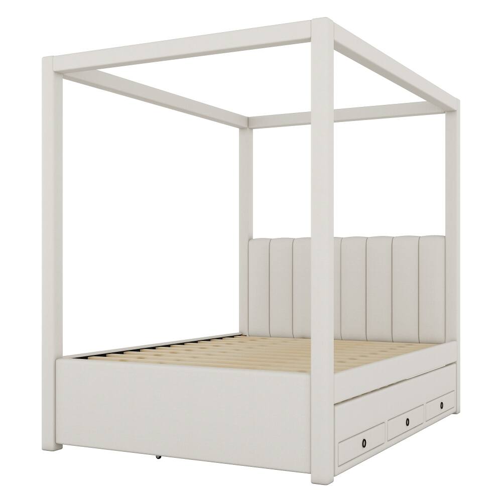 Alt View 8. Loheer - Loheer Full Size Canopy Bed Upholstered Platform Bed with Trundle and 3 Storage Drawers Beige Pine Wood Bed Frame - Beige.