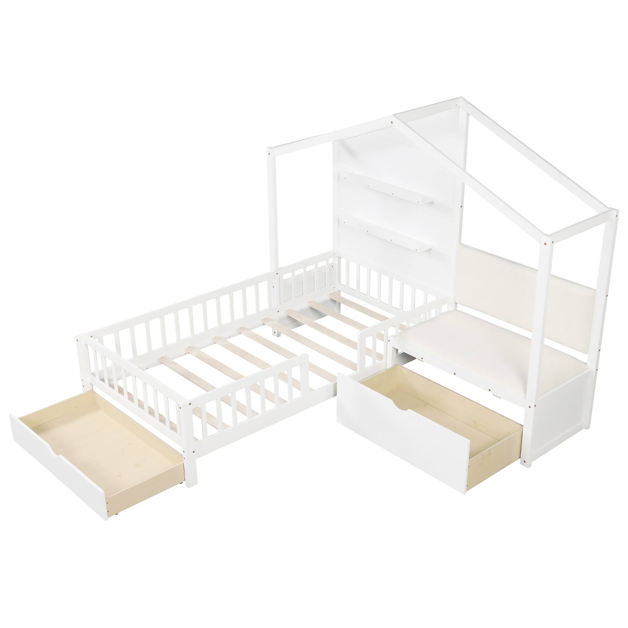 Alt View 1. Gymax - Gymax Twin Size House Bed Kids Platform Bed w/ Padded Bench & Floating Shelves - White.