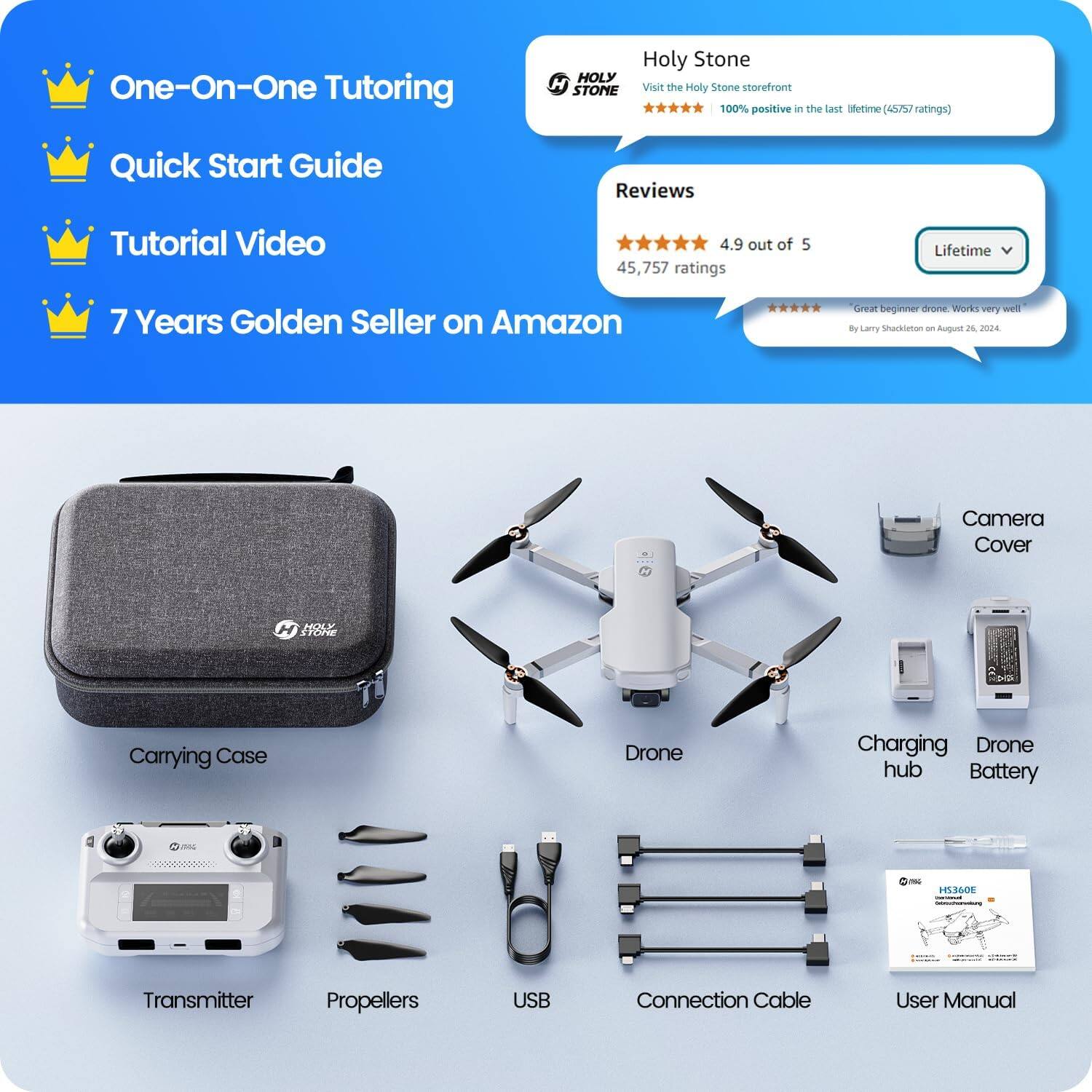 One-On-One Tutoring  
Quick Start Guide  
Tutorial Video  
7 Years Golden Seller on Amazon  

Holy Stone  
Visit the Holy Stone storefront  
100% positive in the last lifetime (45,757 ratings)  

Reviews  
4.9 out of 5  
45,757 ratings  

Great beginner drone. Works very well  
By Larry Shackleton on August 25, 2024  

Carrying Case  
Drone  
Charging hub  
Drone Battery  
Transmitter  
Propellers  
USB Connection Cable  
User Manual  
Camera Cover