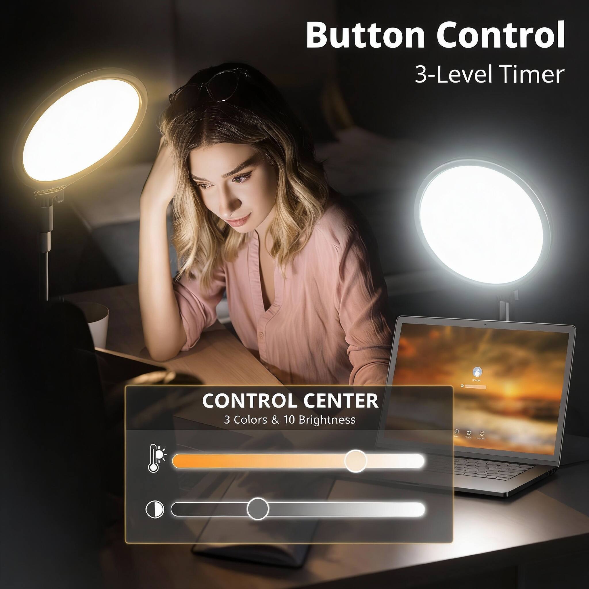 Button Control  
3-Level Timer  

CONTROL CENTER  
3 Colors & 10 Brightness