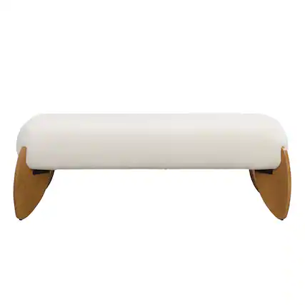 Front. Aukfa - Long Bouclé Ottoman with Wood Feet, 250LBS Capacity, Soft Textured Upholstery for Living Room and Bedroom - White.