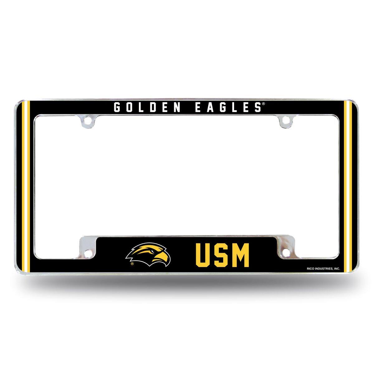Southern Miss Golden Eagles Chrome Metal License Plate Frame with Full Frame Team Color Graphics