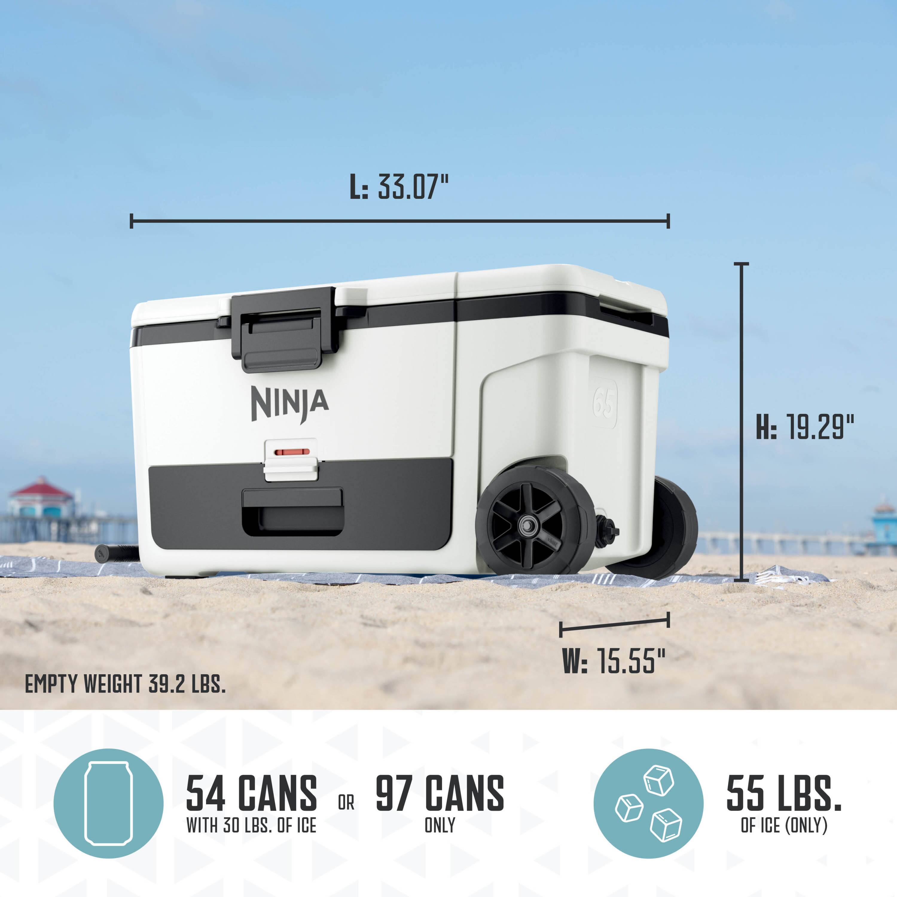 L: 33.07"  
NINJA 65  
H: 19.29"  
EMPTY WEIGHT 39.2 LBS.  
W: 15.55"  

54 CANS OR 97 CANS  
WITH 30 LBS. OF ICE  
ONLY  
55 LBS. OF ICE (ONLY)