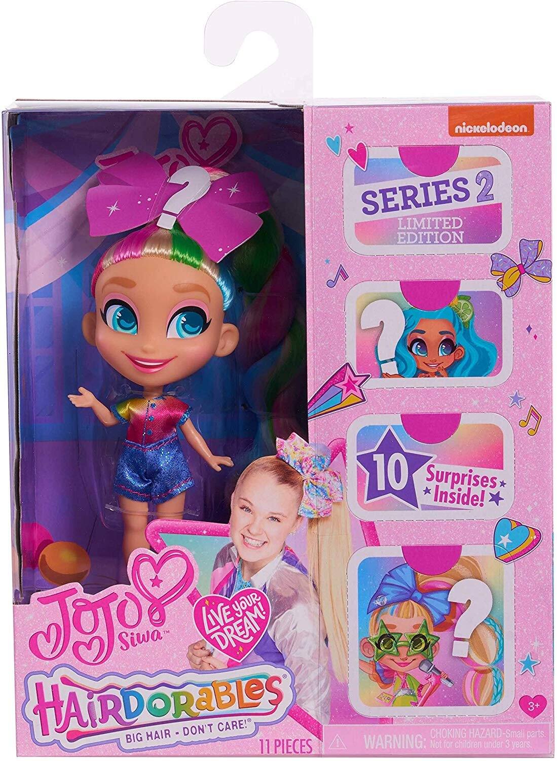 nickelodeon SERIES 2 LIMITED EDITION  
10 Surprises Inside! LIVE YOUR DREAM! HAIRDORABLES BIG HAIR DON'T CARE!  
CHOKING HAZARD-Small parts. 3+ 11 PIECES!  
WARNING: Not for children under 3 years.