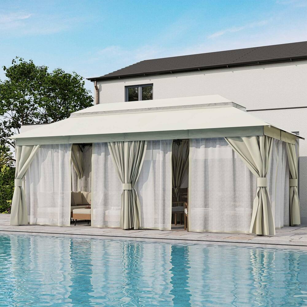 Left. Yardgrace - 10x20 FT Outdoor Heavy Duty Metal Frame Gazebo Double Roof Mosquito Net Privacy Screen Patio Backyard Garden - White.