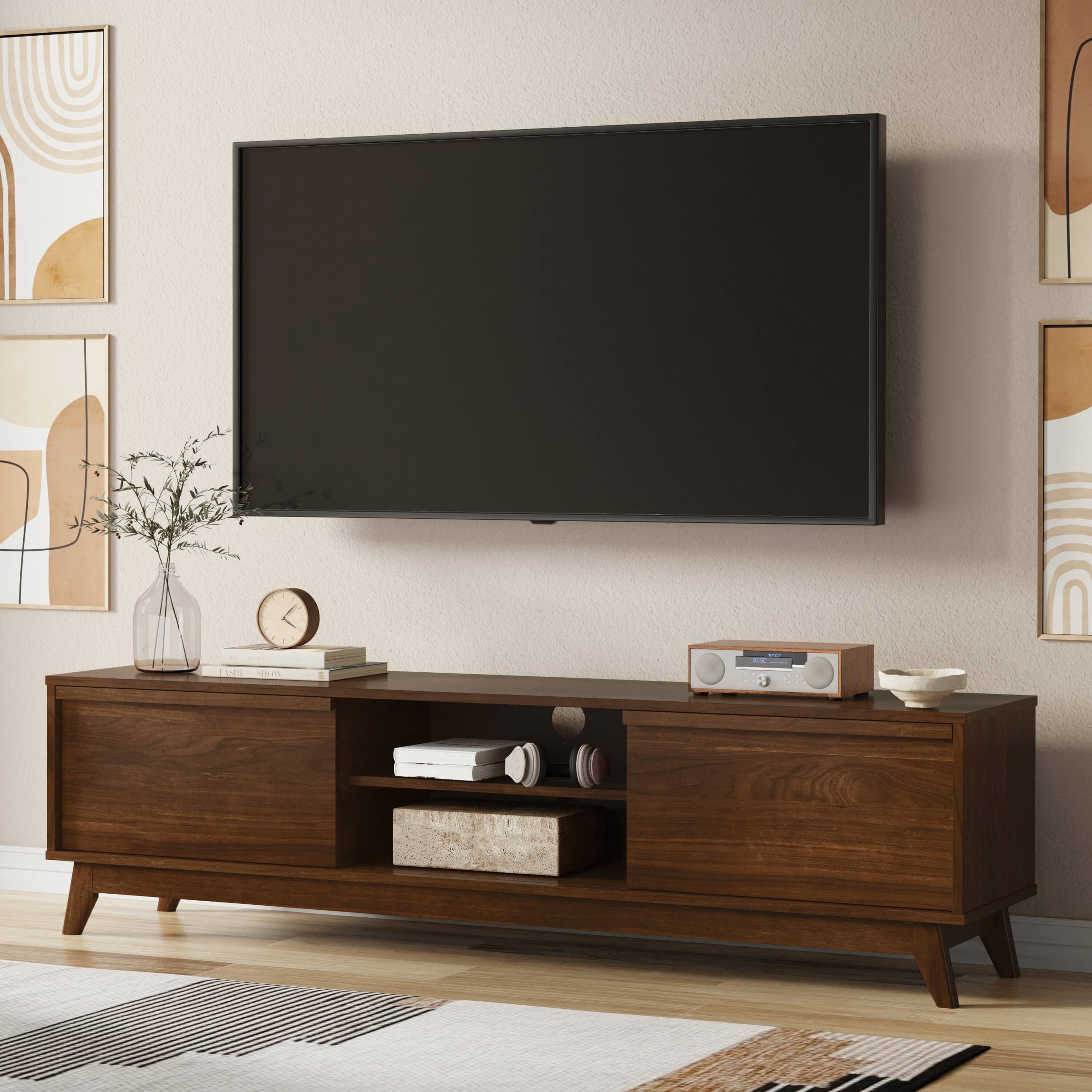 Angle. Simpli Home - Lennon Mid Century Modern TV Media Stand - Walnut Veneer.