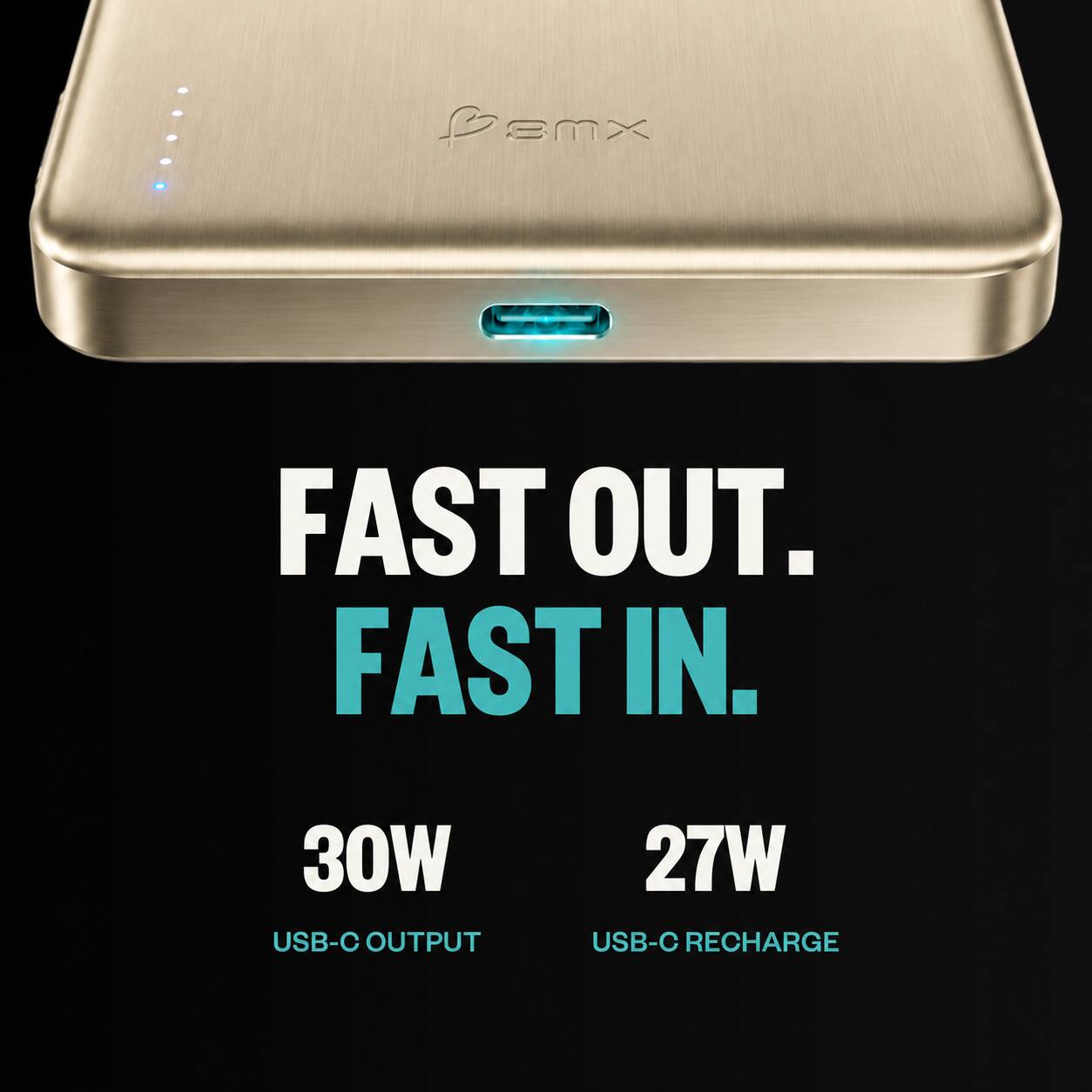 FAST OUT. FAST IN.
30W USB-C OUTPUT
27W USB-C RECHARGE