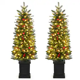Costway - 2 PCS 4 FT Artificial Xmas Tree with 376 Full Branch Tips, 14 Pine Cones, 100 LED Lights - Green