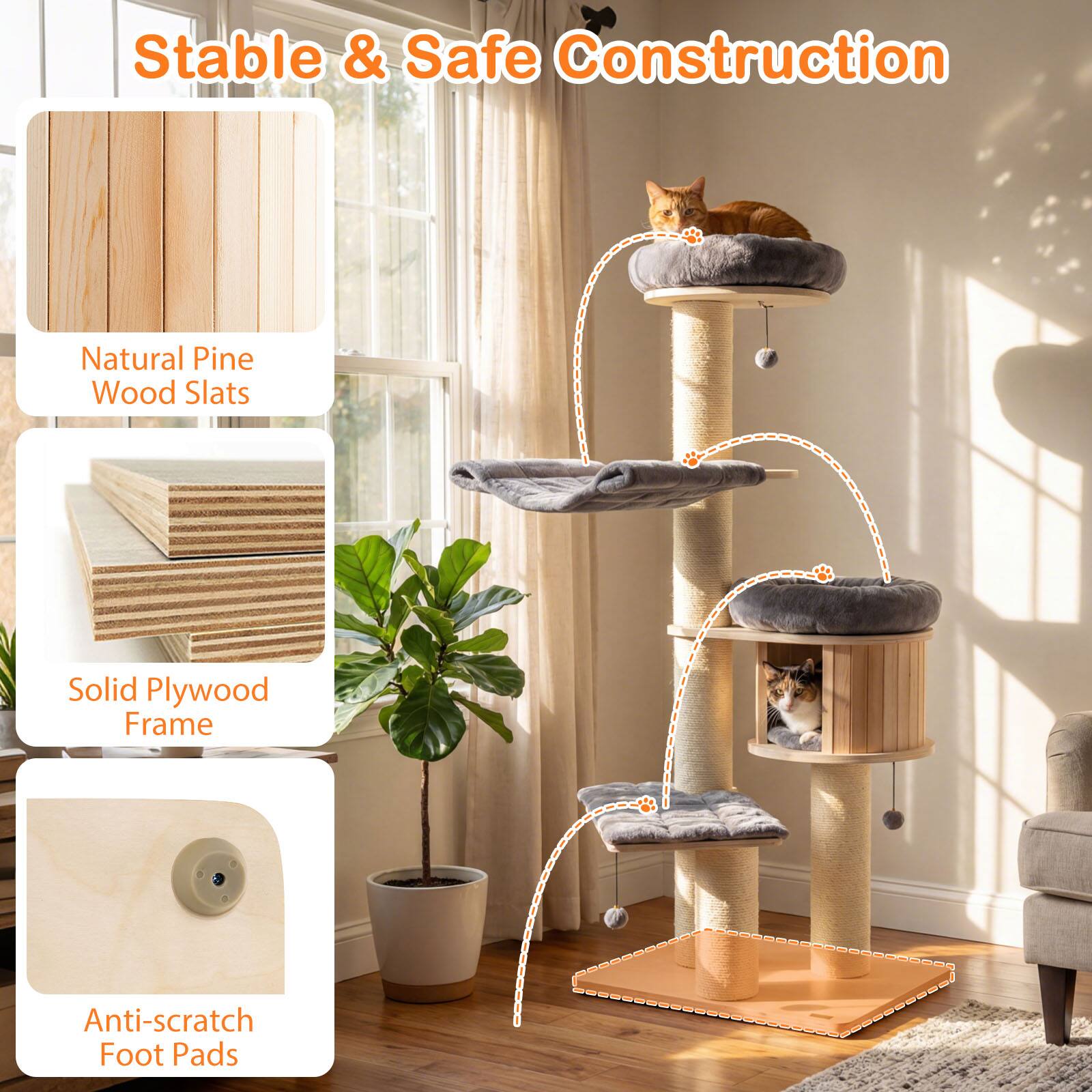 Stable & Safe Construction

- Natural Pine Wood Slats
- Solid Plywood Frame
- Anti-scratch Foot Pads