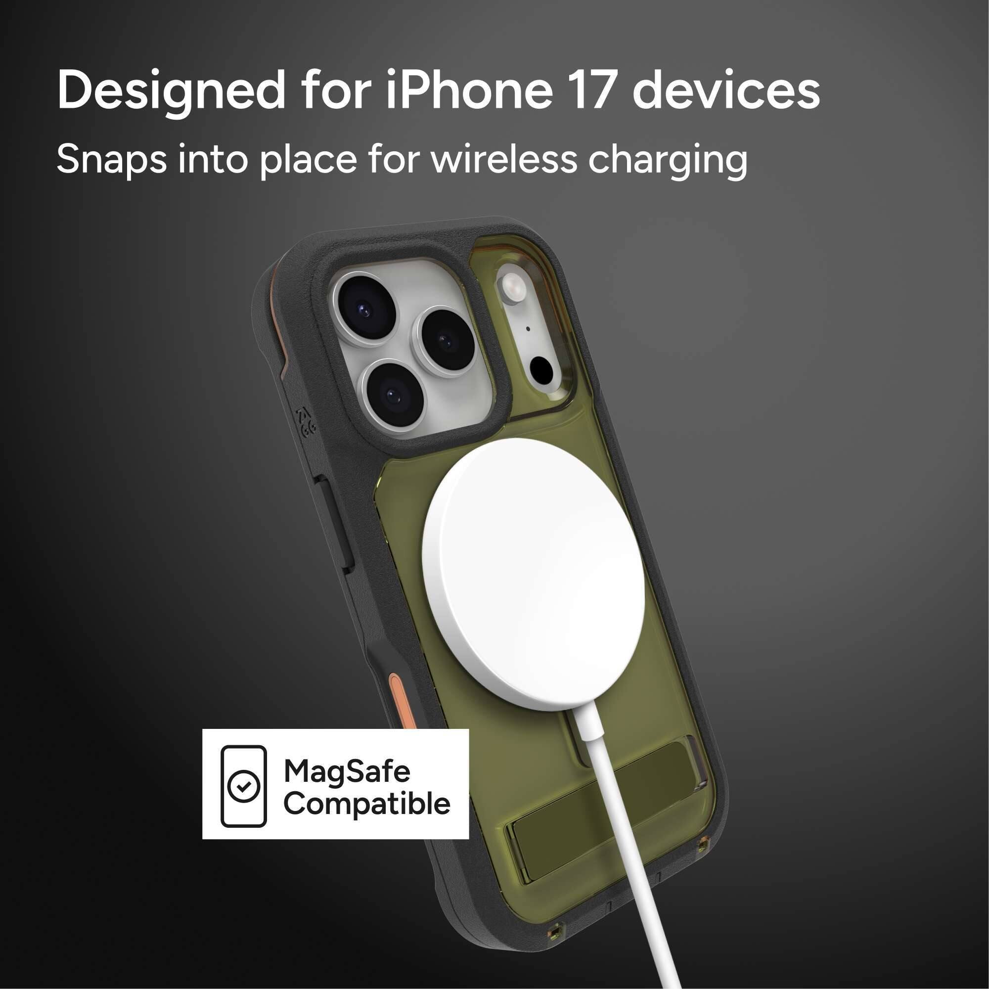 Designed for iPhone 17 devices  
Snaps into place for wireless charging  

MagSafe Compatible