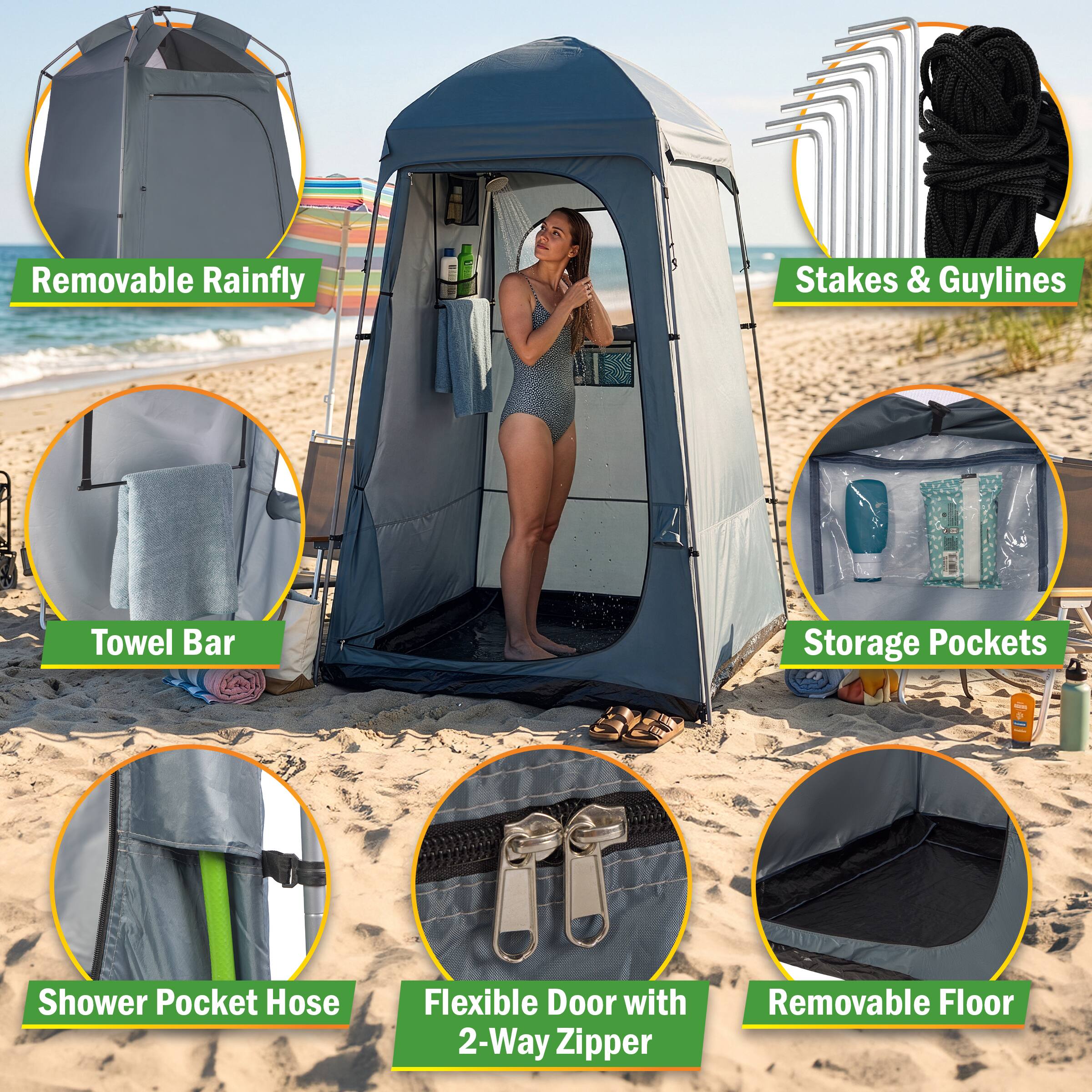 - Removable Rainfly
- Stakes & Guylines
- Towel Bar
- Storage Pockets
- Shower Pocket Hose
- Flexible Door with 2-Way Zipper
- Removable Floor