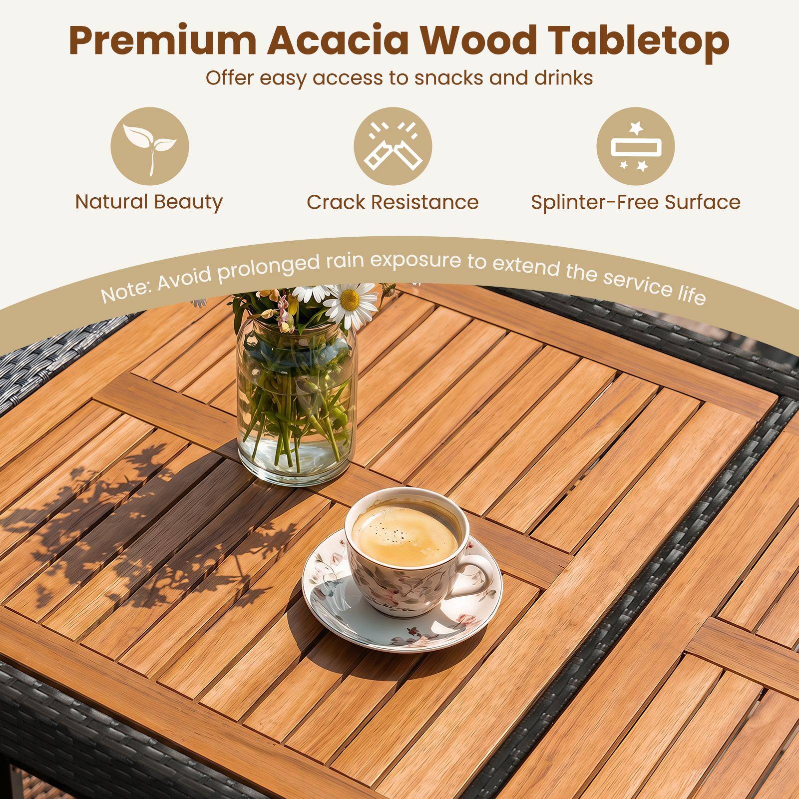 Premium Acacia Wood Tabletop  
Offer easy access to snacks and drinks  

Natural Beauty  
Crack Resistance  
Splinter-Free Surface  

Note: Avoid prolonged rain exposure to extend the service life