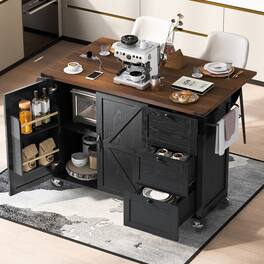 Loheer - 54.5" Farmhouse Kitchen Island with Power Outlet, Drop Leaf, Rolling Kitchen Cart on Wheels - Black