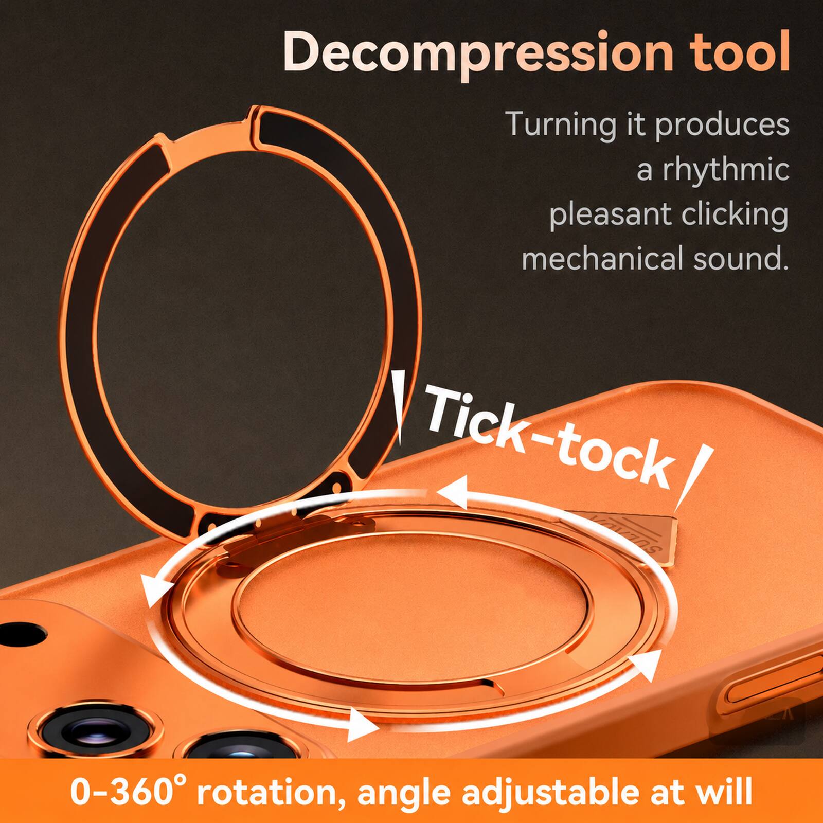 Decompression tool  
Turning it produces a rhythmic pleasant clicking mechanical sound.  
Tick-tock!  
0-360° rotation, angle adjustable at will