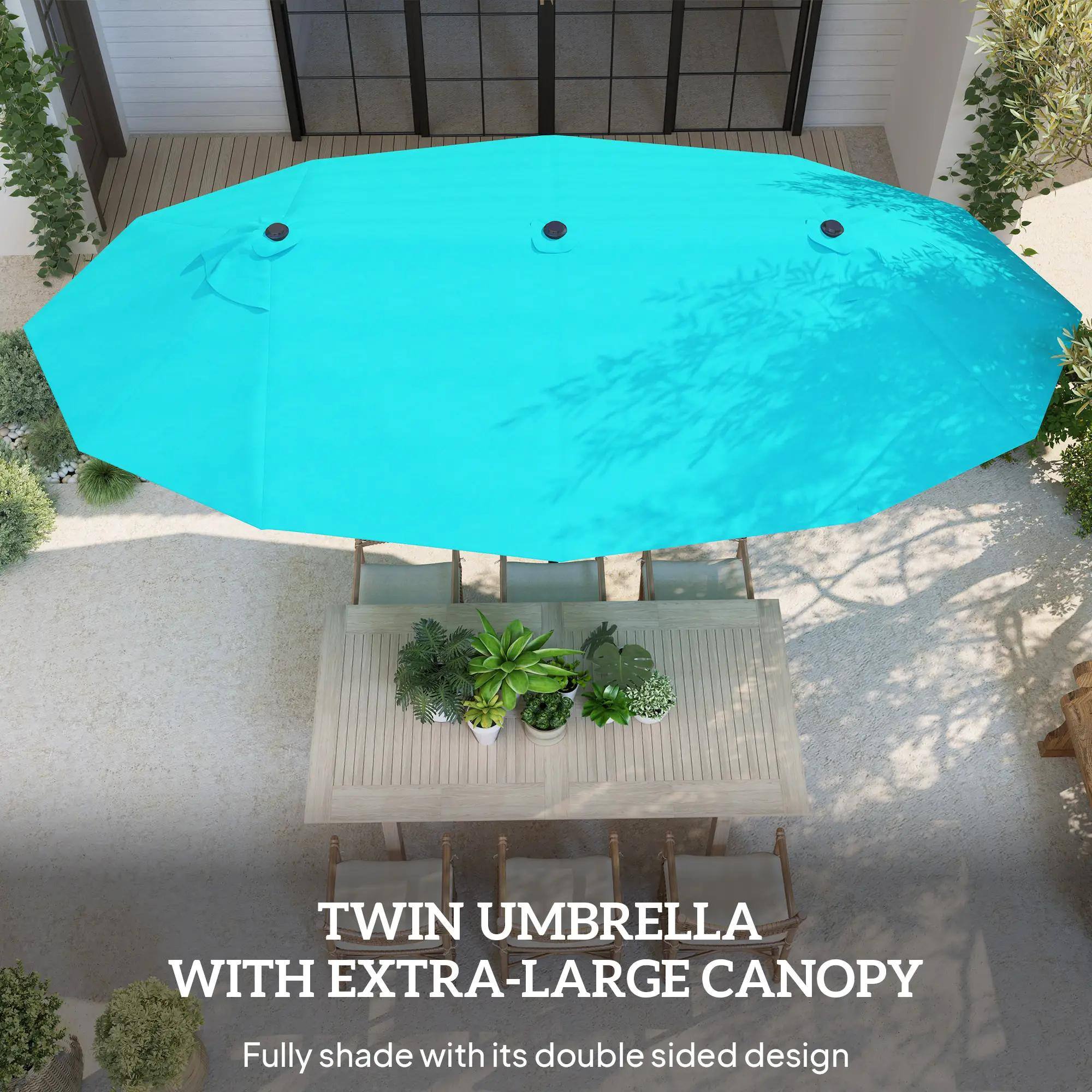 TWIN UMBRELLA WITH EXTRA-LARGE CANOPY  
Fully shade with its double-sided design