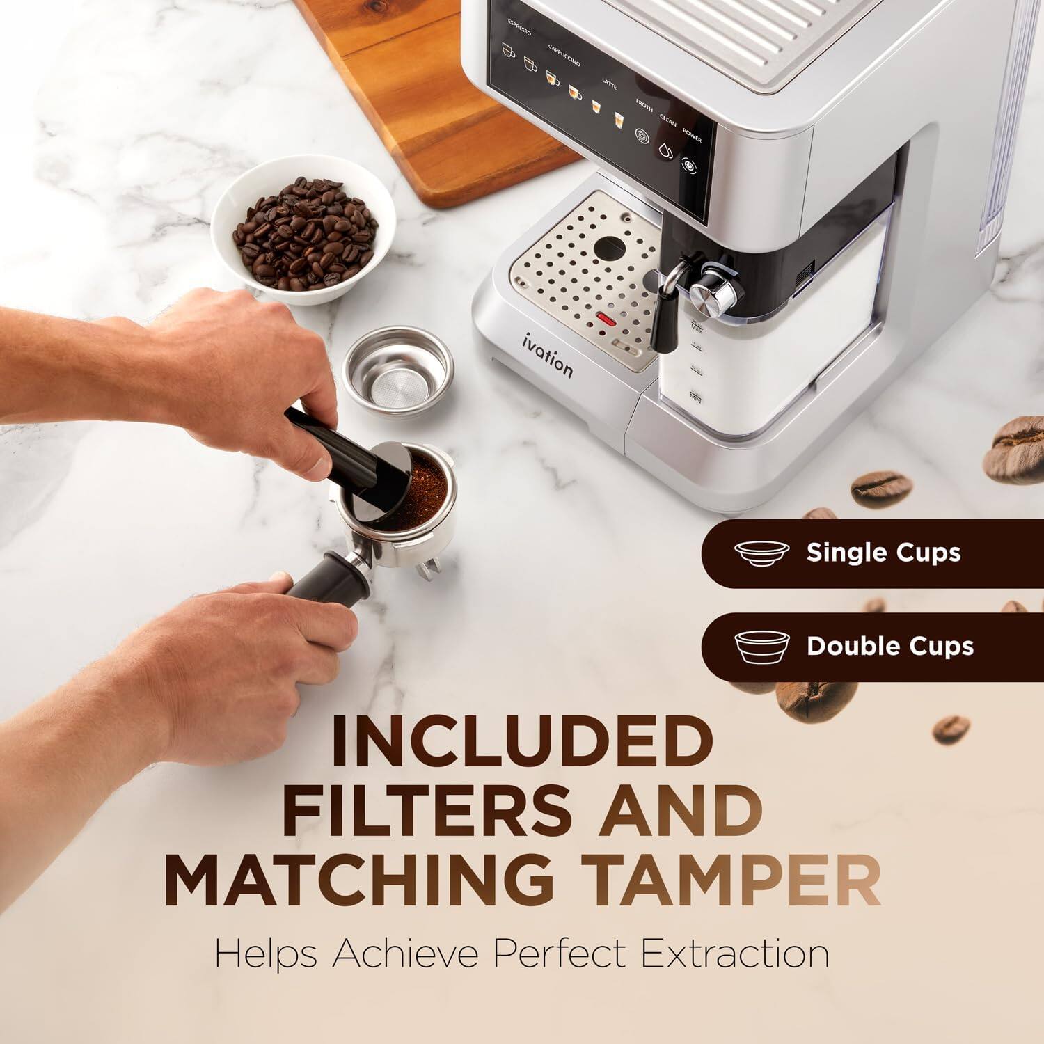 The corrected text is:

"SRRA amaze - 1 TcAs NS ivation Single Cups Double Cups INCLUDED FILTERS AND MATCHING TAMPER Helps Achieve Perfect Extraction"

Corrected version:

"SRRA amaze - 1 TcAs NS ivation Single Cups Double Cups INCLUDED FILTERS AND MATCHING TAMPER Helps Achieve Perfect Extraction"