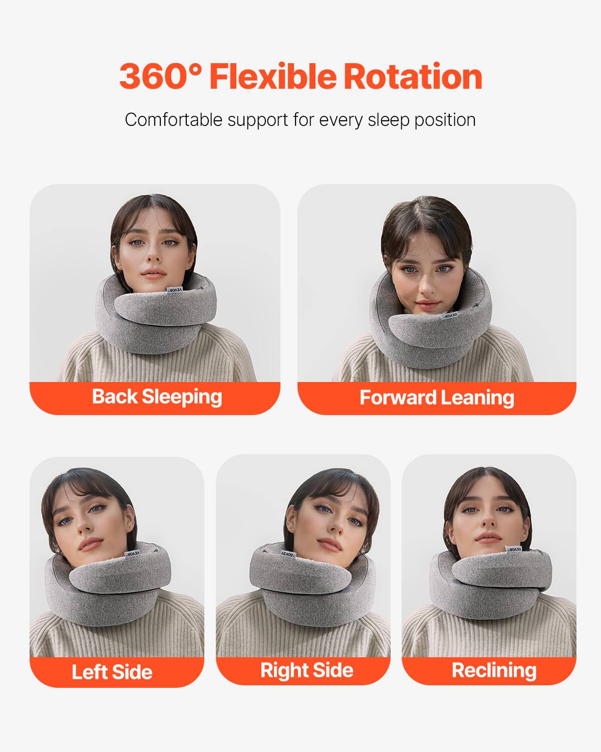 360° Flexible Rotation  
Comfortable support for every sleep position  

- Back Sleeping  
- Forward Leaning  
- Left Side  
- Right Side  
- Reclining