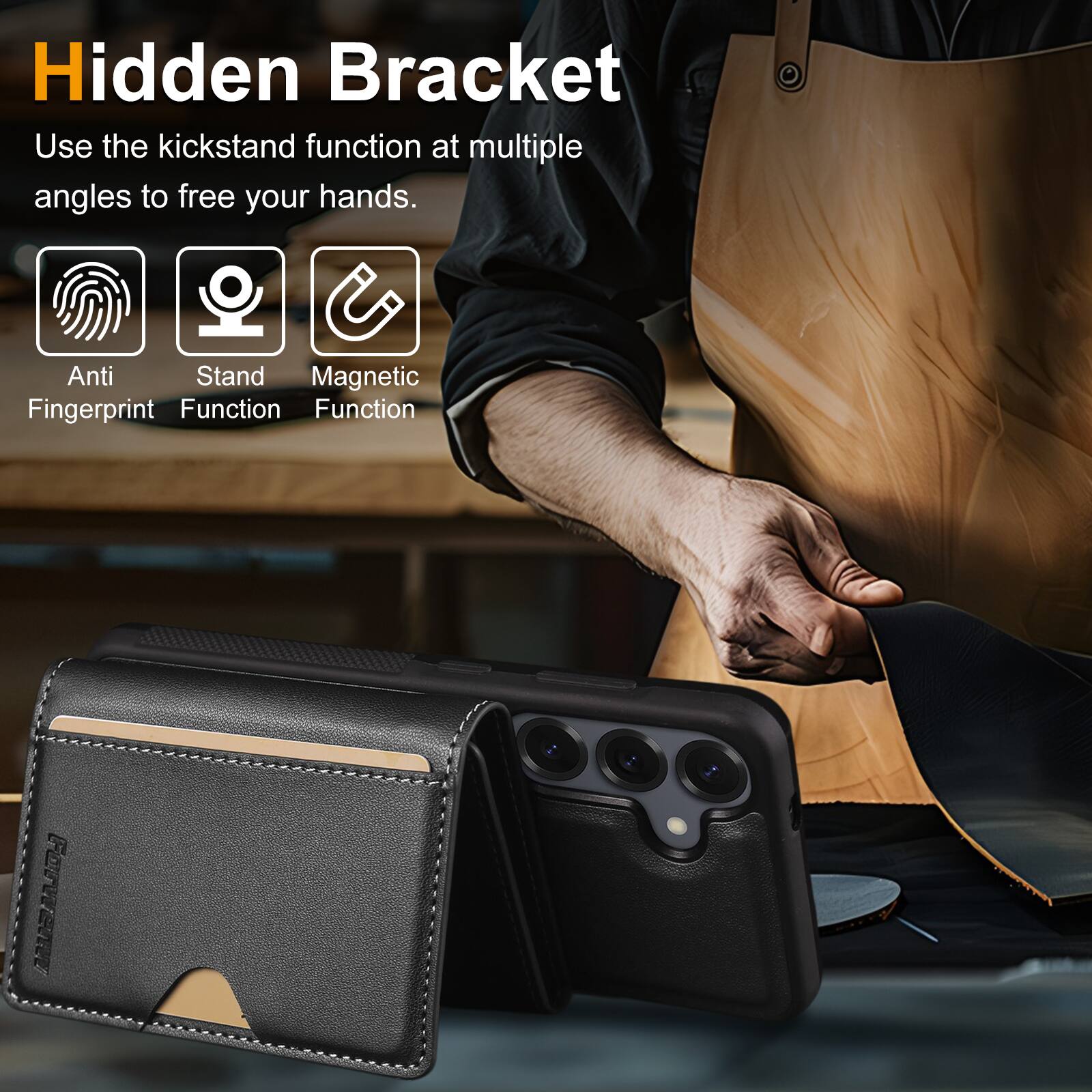 Hidden Bracket  
Use the kickstand function at multiple angles to free your hands.  

Anti Fingerprint Function  
Stand Function  
Magnetic Function