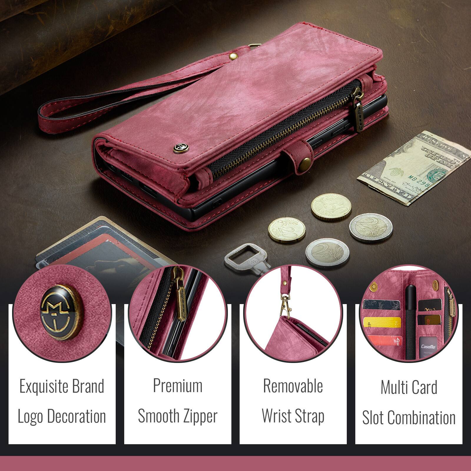 Ek N F MB298 MB d Casalle Exquisite Brand Logo Decoration Premium Smooth Zipper Removable Wrist Strap Multi Card Slot Combination