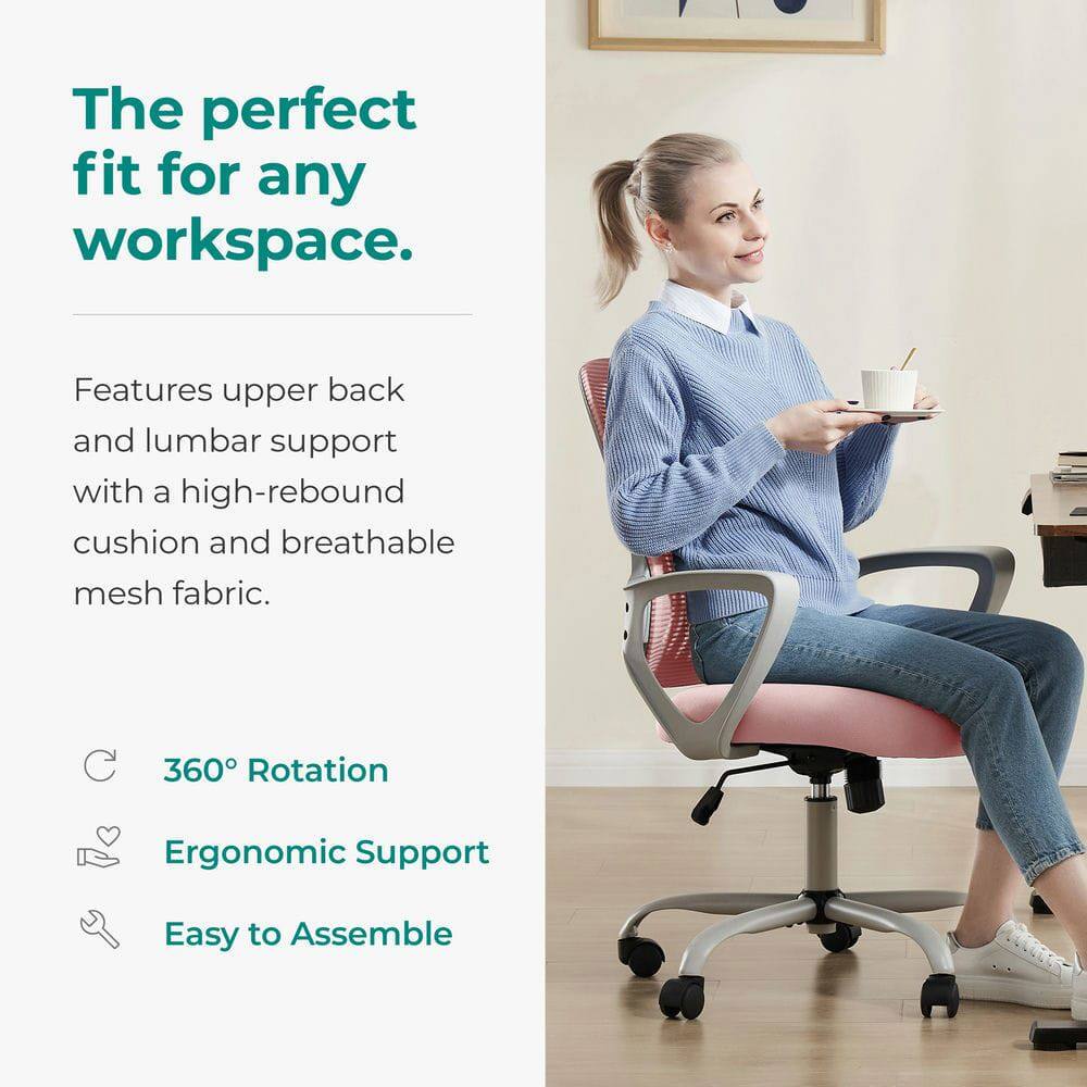 The perfect fit for any workspace.

Features upper back and lumbar support with a high-rebound cushion and breathable mesh fabric.

360° Rotation  
Ergonomic Support  
Easy to Assemble