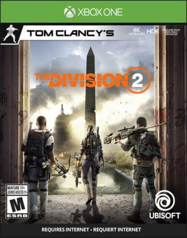 XBOX ONE  
4K HDR  
TOM CLANCY'S THE DIVISION 2  
MATURE 17+  
REQUIRES INTERNET  
REQUIERT INTERNET  
ESRB  
UBISOFT