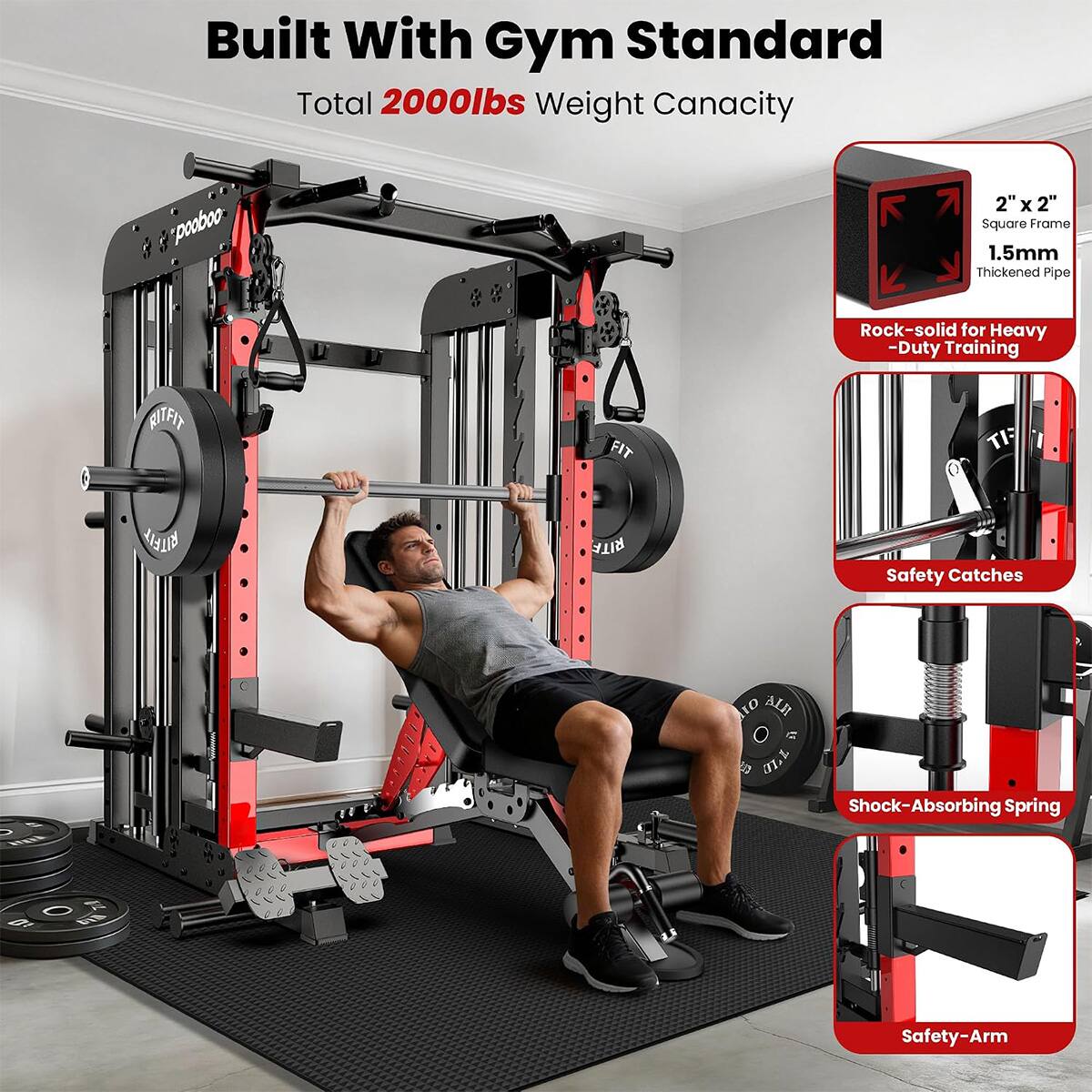 Built With Gym Standard  
Total 2000lbs Weight Capacity  

2"x2" Square Frame 1.5mm Thickened Pipe  
Rock-solid for Heavy-Duty Training  

Safety Catches  
Shock-Absorbing Spring  
Safety-Arm
