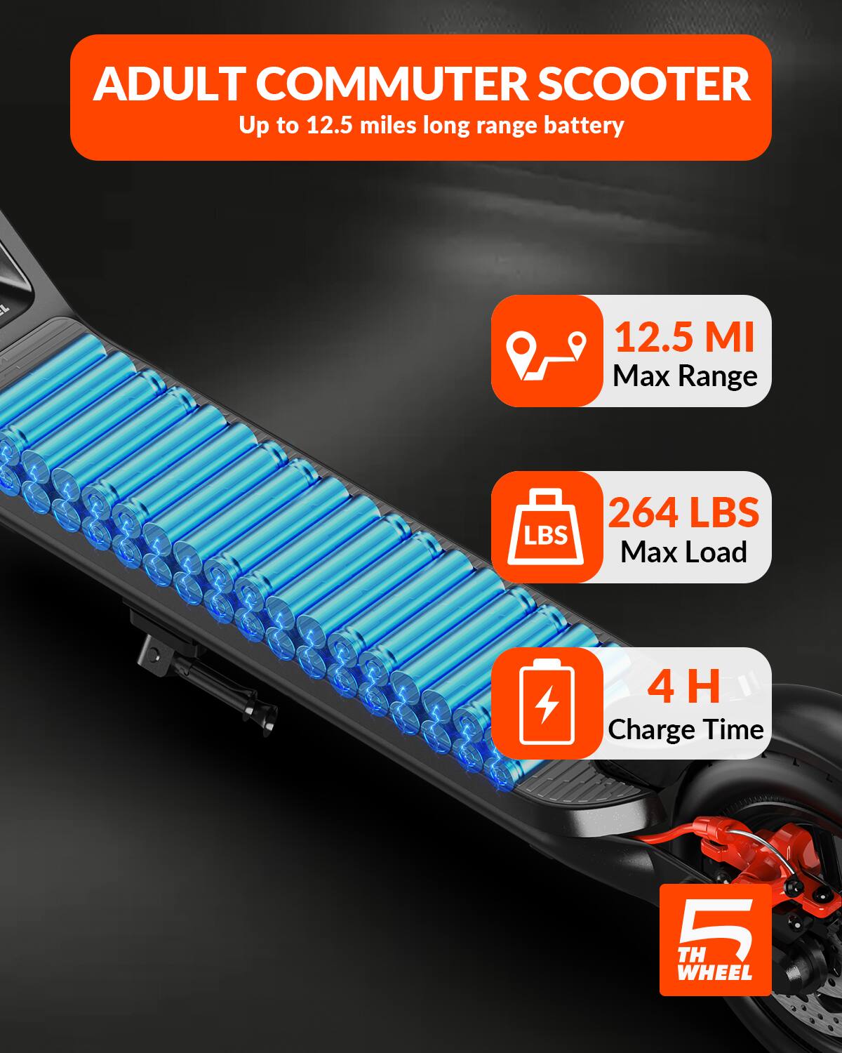 ADULT COMMUTER SCOOTER, Up to 12.5 miles long range battery, 12.5 MI Max Range, 264 LBS Max Load, 4H Charge Time, 5 TH WHEEL