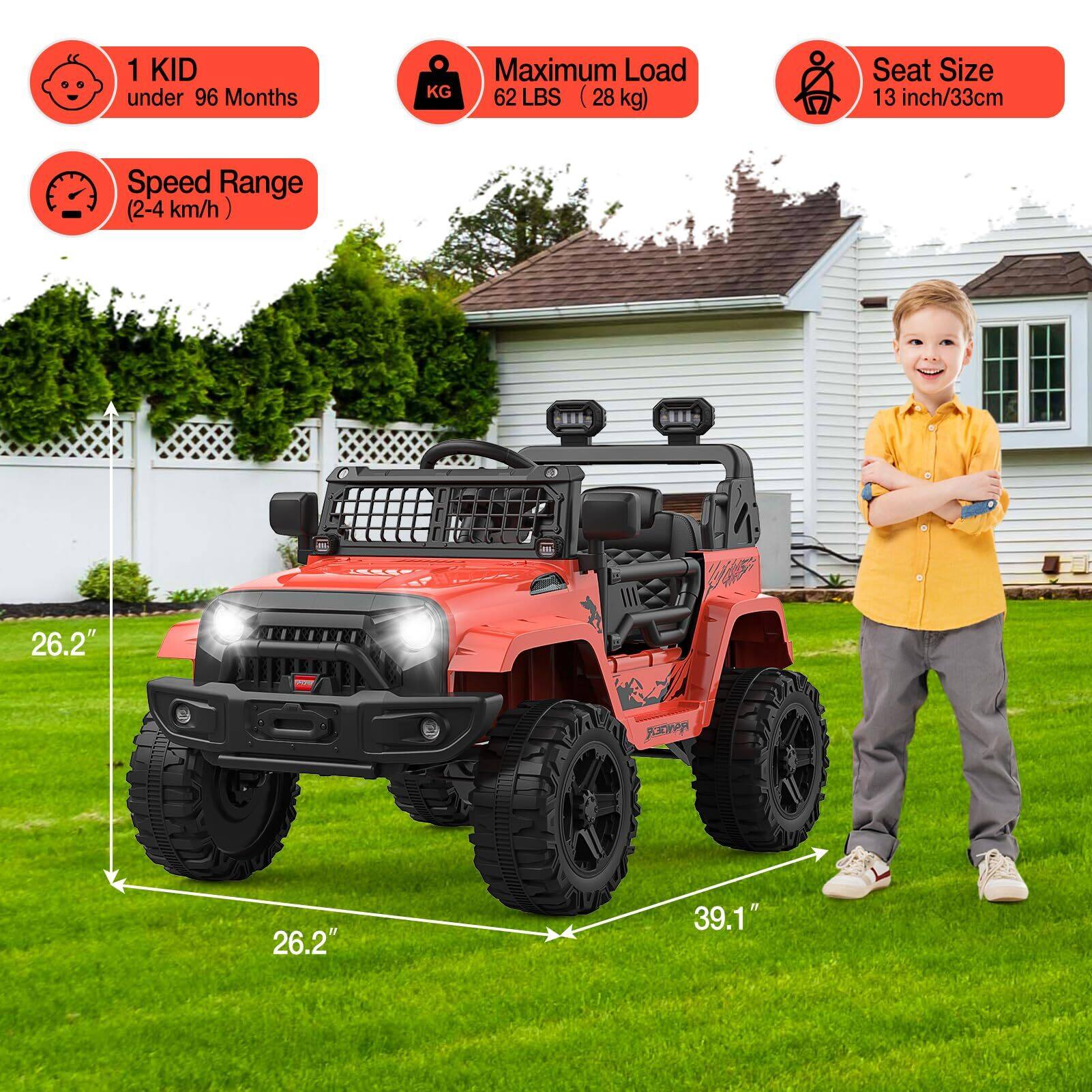 1 KID under 96 Months  
Maximum Load 62 LBS (28 kg)  
Seat Size 13 inch/33cm  
Speed Range (2-4 km/h)  
26.2"  
39.1"