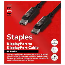 Staples TECH - 6 ft. DisplayPort to DisplayPort Audio/Video Cable, Male to Male - Black