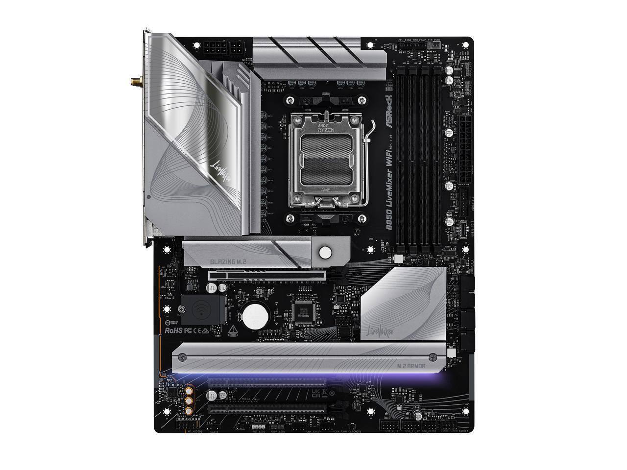 We - AOR RYZEN AM5 ASRock LiveMixer B850 BLAZING M.2 WiFi LiveMixer B850 BLAZING M.2 RoHS FC CEA Linelaka C ARMOR
