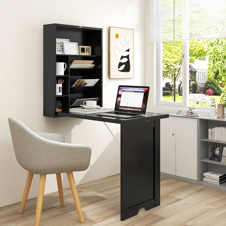Transformable Desktop System Gymax Wall Mounted Computer Convertible Desk Floating Desk w/ Storage ...