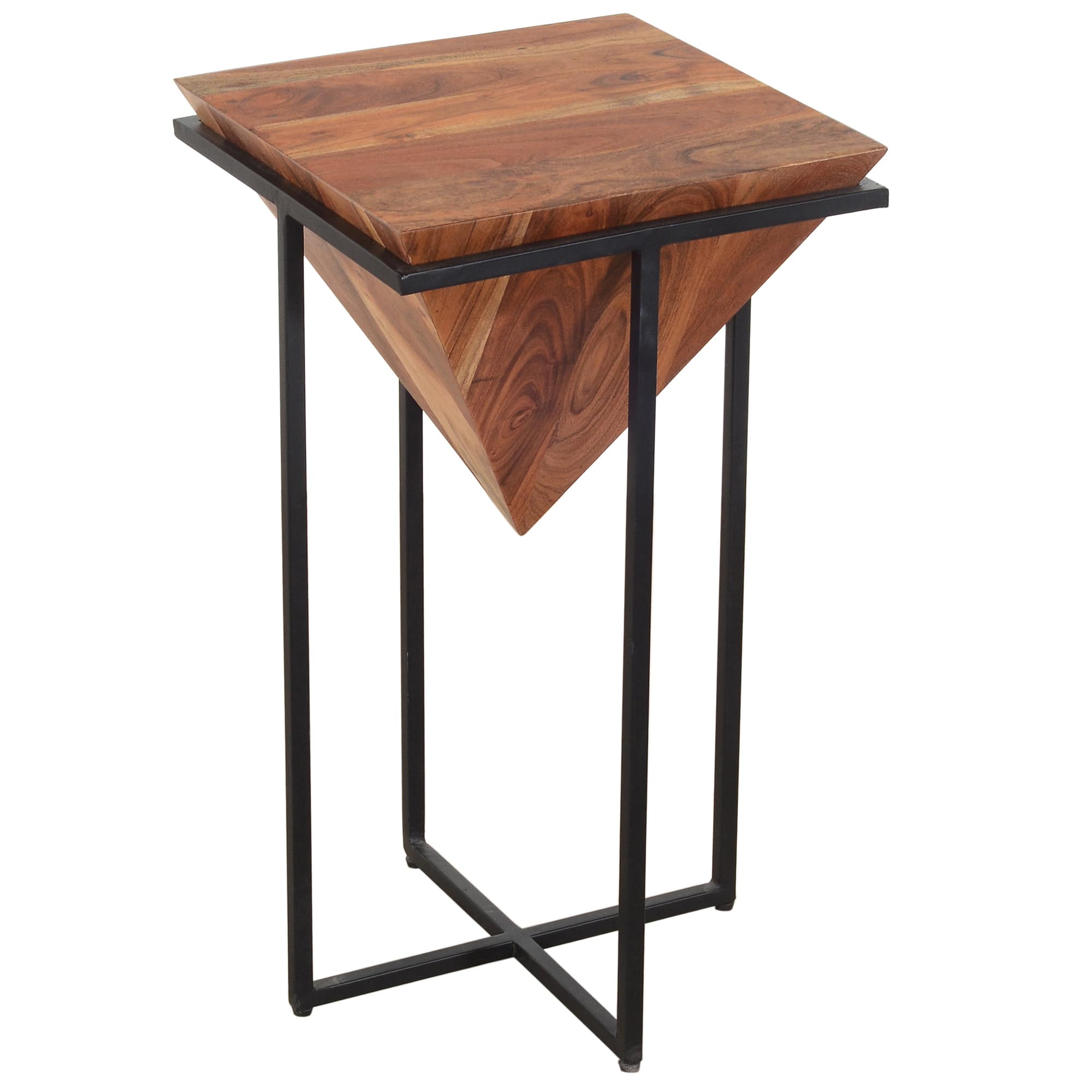 Manhattan Lane - 26 Inch Pyramid Shape Acacia Wood Side Table With Cross Iron Base - Brown and Black