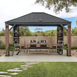 SUNJOY - Outdoor Patio 12 x 14 ft. Solar Powered Cedar Wood Framed Steel Hardtop Gazebo with LED Lighting and Bluetooth Sound