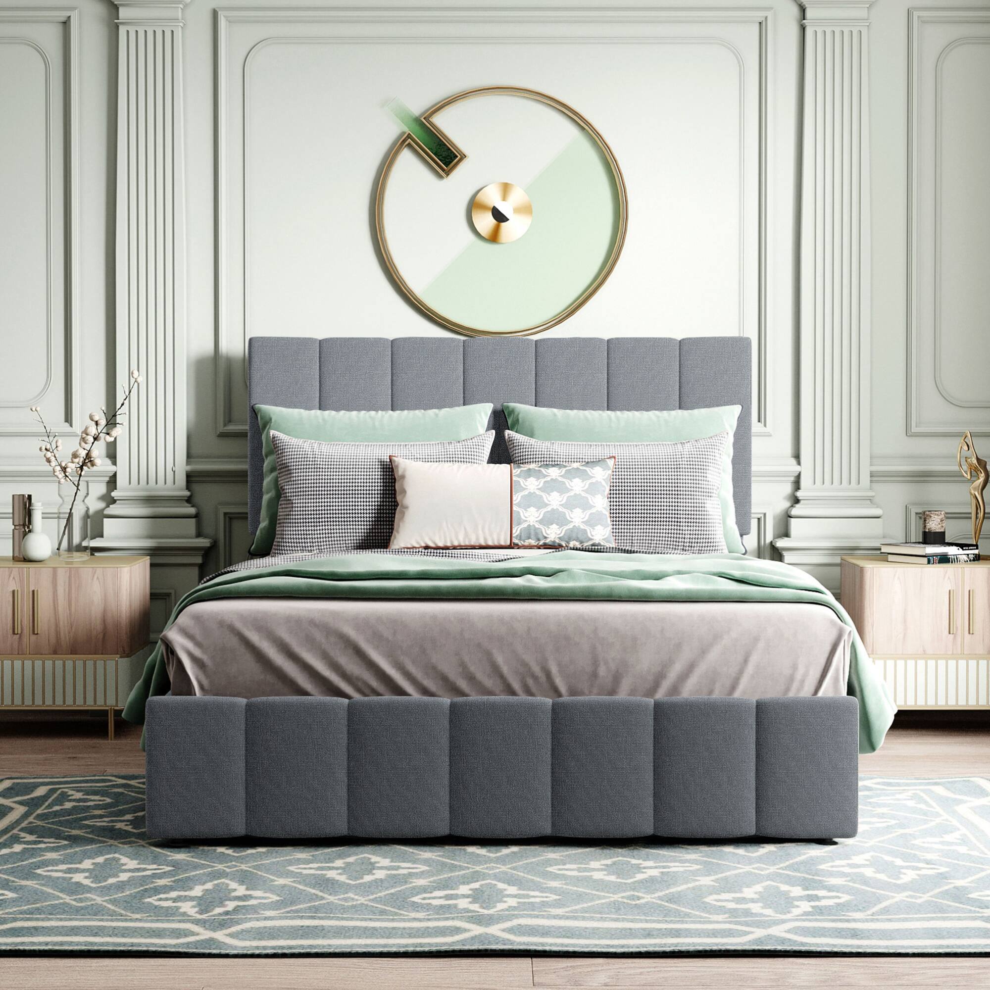 Left. GOODSILO - Full Size Upholstered Platform Bed with Hydraulic Storage System and Wooden Slat Support - Gray.