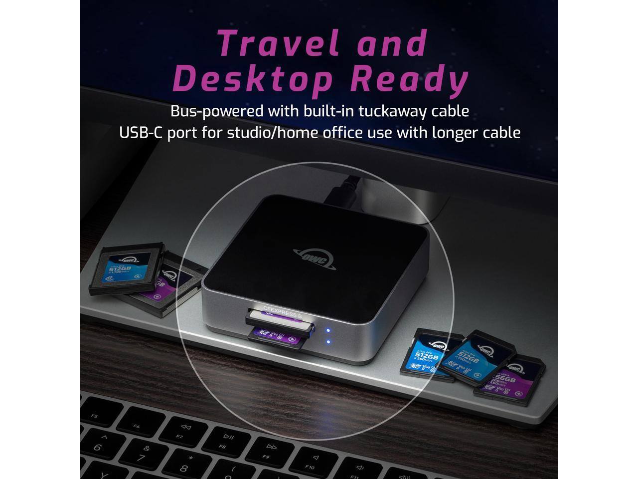 Travel and Desktop Ready  
Bus-powered with built-in tuckaway cable USB-C port for studio/home office use with longer cable  

612G8 OWC CEEXPRESS O ANE adida S12GB 512GB - 56GB F5 A 6 Y Fh & 7 DD F7 . 8 DI F6 (  DD  . F10 4 Fn Shn