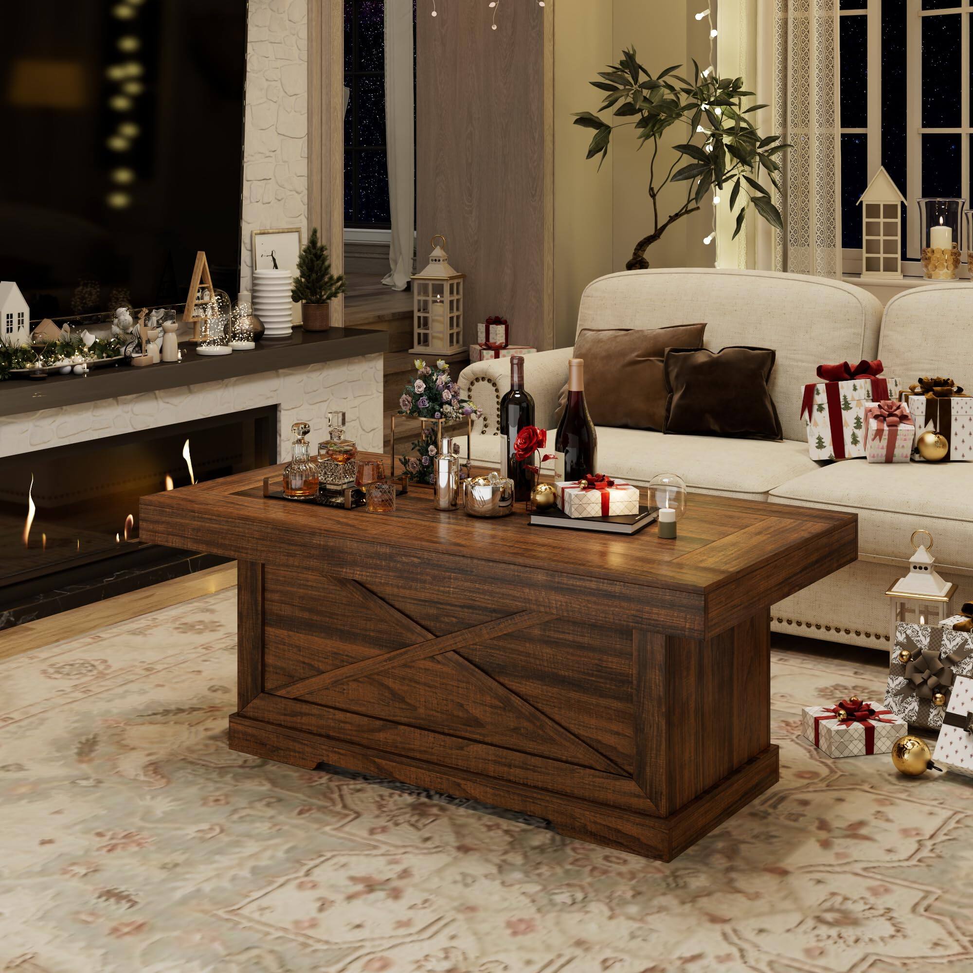 Alt View 2. JETRANSPORT - Coffee Table 39 In Rustic Center With X-design Wooden Pedestal For Living Room  Space Saving Rectangle Home Of - Rectangular Walnut.