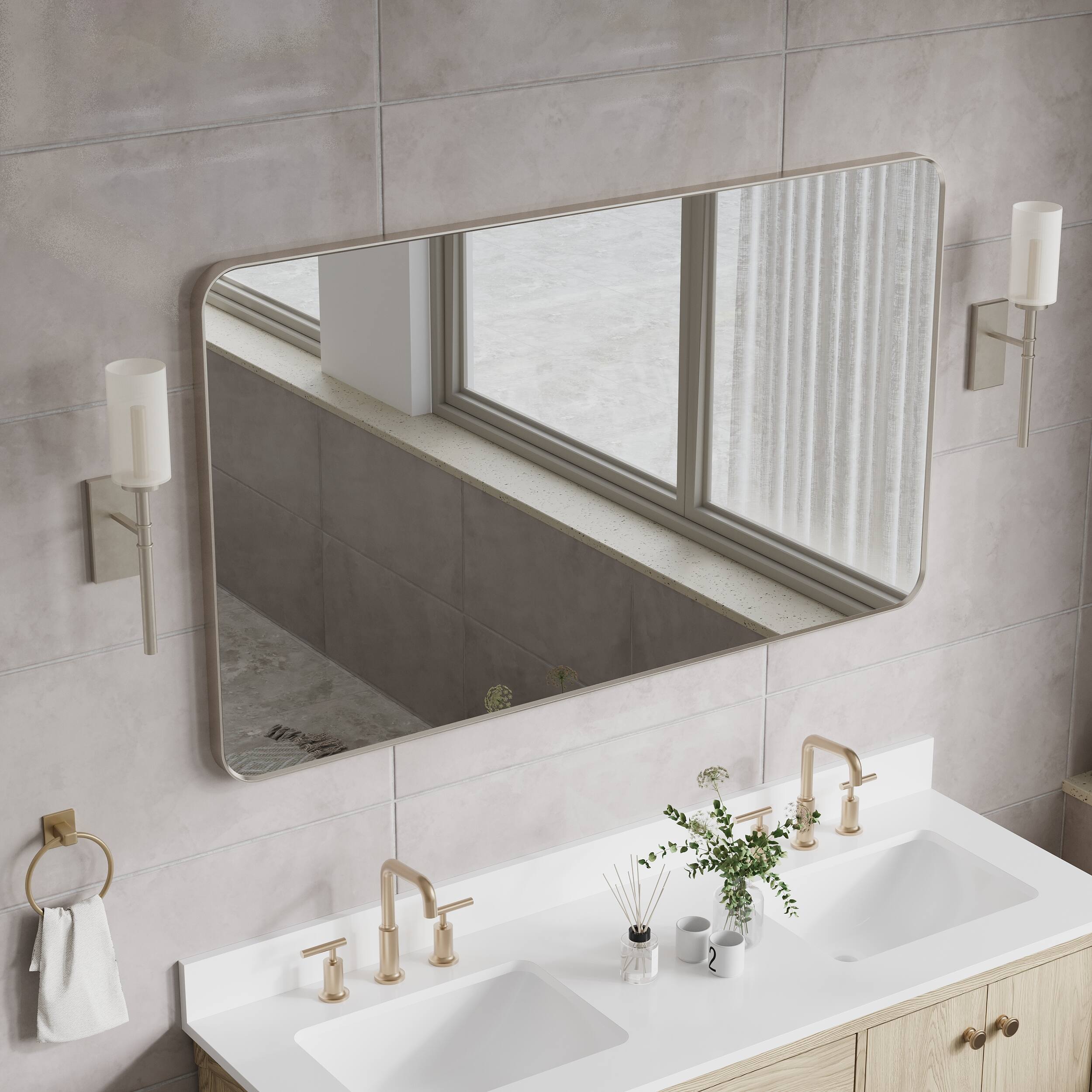 Back. WELLFOR - 55 in. W x 32 in. H Rectangular Aluminum Framed Wall Bathroom Vanity Mirror Large Hanging Mirrors - Brushed Nickel.