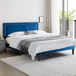 Vecelo - Queen Size Platform Bed Frame with Adjustable Upholstered Headboard, Strong Wood Slat Support,No Box Spring Needed - Dark Blue