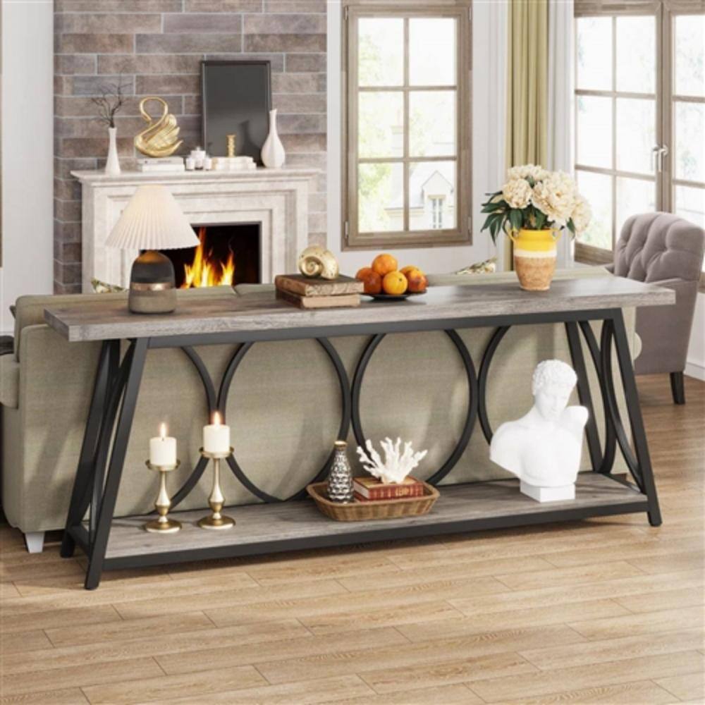 Angle. Hivvago - Industrial 70-inch Grey Wood Top Sofa Table with Heavy Duty Black Metal Frame - Grey, Black.